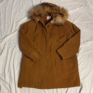 Vintage F.S. Limited Tan Wool Coat with Faux Fur Hood
